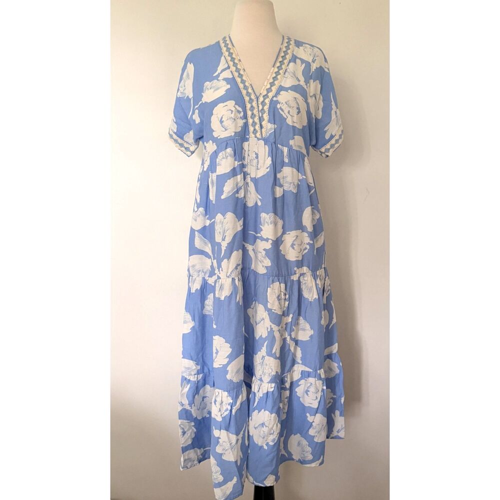 She+Sky Grace Blue Floral Tiered Crochet Trim Boho Prairie Sundress Midi Sz M